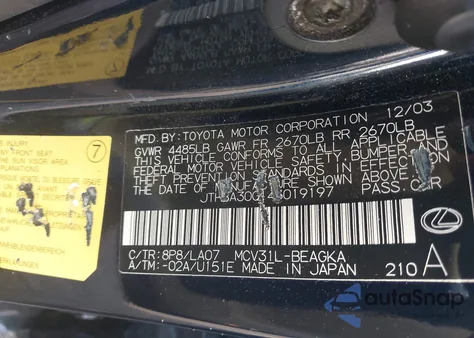 2004 Lexus Es 330 from USA, damaged, VIN JTHBA30G145019197